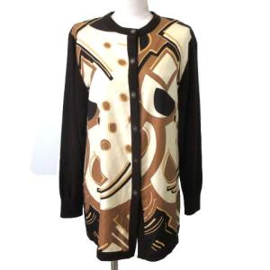 ニット カーディガン シルク切替 プリント ウール M 茶 ブラウン IBO25