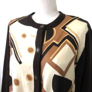 LEONARD ニット カーディガン シルク切替 プリント ウール M 茶 ブラウン IBO25