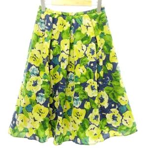 SYBILLA スカート ミモレ ロング丈 ウール フラワープリント フレア Aライン L ネイビー イエローIBO25