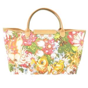 Longchamp ヴィンテージ トートバッグ 鞄 カバン プリント 花柄 緑 グリーン系 マルチカラー IBO26