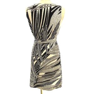 LEONARD SPORT 美品 ワンピース ひざ丈 ストレッチ ベルト 総柄 コットン 38 M 白 ホワイト 黒 ブラック IBO26