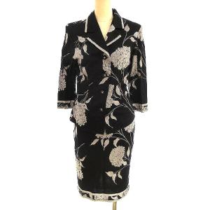 FASHION スカートスーツ ひざ丈 タイト セットアップ 花柄 コットン L 黒 シルバー