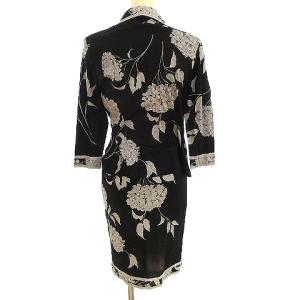 LEONARD FASHION スカートスーツ ひざ丈 タイト セットアップ 花柄 コットン L 黒 シルバー
