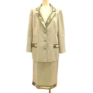 FASHION 美品 スカートスーツ セットアップ 花柄 シルク混 ウール 9AR M ベージュ IBO26