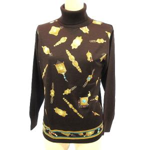 FASHION 美品 長袖 ニット カットソー タートルネック 切替 総柄 シルク混 ウール M 茶 ブラウン IBO26