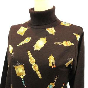 LEONARD FASHION 美品 長袖 ニット カットソー タートルネック 切替 総柄 シルク混 ウール M 茶 ブラウン IBO26