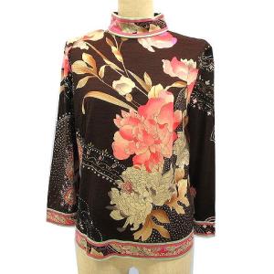 FASHION 長袖 ニット カットソー ハイネック ジップ 総柄 シルク混 L 茶 ブラウン ピンク IBO26