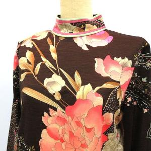 LEONARD FASHION 長袖 ニット カットソー ハイネック ジップ 総柄 シルク混 L 茶 ブラウン ピンク IBO26