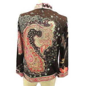 LEONARD FASHION 長袖 ニット カットソー ハイネック ジップ 総柄 シルク混 L 茶 ブラウン ピンク IBO26
