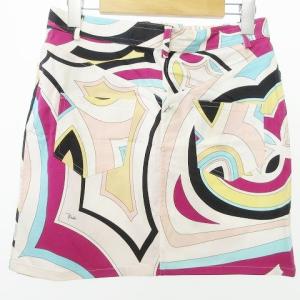 Emilio Pucci ミニスカート タイト 総柄 フロントジップ ボタン刻印 ポケット コットン 36 S ホワイト マルチカラー イタリア製
