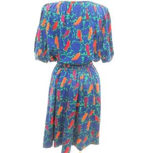 YVES SAINT LAURENT 90S セットアップ ヴィンテージ  ひざ丈 フレアスカート 半袖ブラウス バルーン袖 総柄 コットン100％ M 青 ブルー系