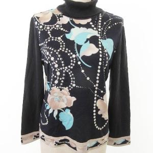 ファッション FASHION ハイネック タートルネック 長袖 カットソー ニット切替 花柄 大花 シルク 40 M?Lサイズ相当