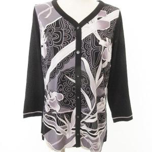 ファッション FASHION 美品 長袖 カーディガン ニット 羽織り Vネック 花柄 38 Mサイズ相当 黒 ブラック IBO26