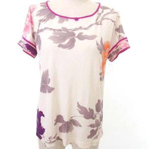 LEONARD 半袖 カットソー Tシャツ トップス 薄手 ロゴ 花柄 大花 シルク100％ 42 Lサイズ相当 白 紫 IBO26