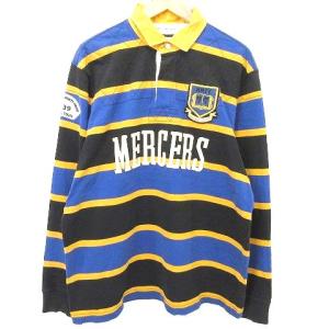 ポロシャツ 長袖 ラガーシャツ ボーダー ワッペン ナンバリング コットン100％  L ブルー