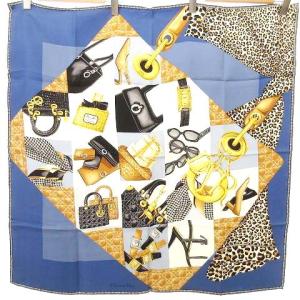 大判 スカーフ バンダナ ポケットチーフ カナージュ柄 ロゴ ヒョウ柄 バッグ柄 レオパード 千鳥格子 シルク100％ ブルー