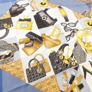 Christian Dior 大判 スカーフ バンダナ ポケットチーフ カナージュ柄 ロゴ ヒョウ柄 バッグ柄 レオパード 千鳥格子 シルク100％ ブルー