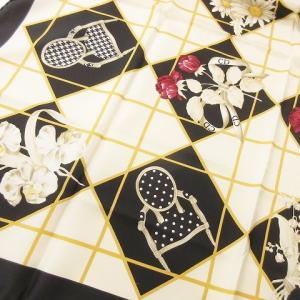 Christian Dior 大判 スカーフ バンダナ ポケットチーフ フラワープリント CD ロゴ ワンポイント 格子柄 シェリー シルク 黒 ブラック系