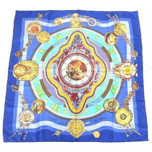 美品 スカーフ カレ90 parmi les fleurs 時の輪舞 時計柄 シルク 青 ブルー OKZ