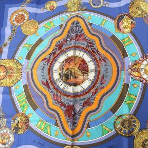 HERMES 美品 スカーフ カレ90 parmi les fleurs 時の輪舞 時計柄 シルク 青 ブルー OKZ