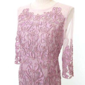 美品 近年 五分袖 タイトワンピース ひざ丈 レース 刺繍 バックスリット ポリエステル 36 Sサイズ相当 ピンク ECM