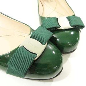 Salvatore Ferragamo ヴァラ リボン フラットシューズ パンプス パテントレザー イタリア製 8 緑