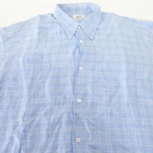 HERMES シャツ チェック リネン混 セリエボタン 42 ブルー