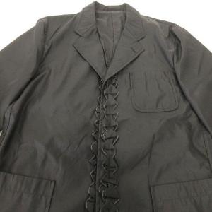 COMME des GARCONS HOMME 90s ヴィンテージ テーラードジャケット 総裏地 フリル ナイロン ポケット ボタン開閉 S 黒 ブラック HJ-100265