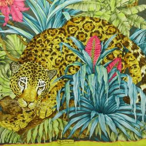 Salvatore Ferragamo スカーフ 大判 シルク レオパード アニマル フラワー イエロー ORG A1004