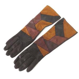 ロング レザー グローブ 手袋 カラーパッチ  スナップボタン 7.5 ブラウン イタリア製