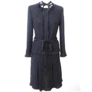 スーツ セットアップ 上下セット リネン ニット ジャケット シングル スカート ひざ丈 ツイード カットオフ 38 紺 ネイビー