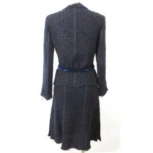 PRADA スーツ セットアップ 上下セット リネン ニット ジャケット シングル スカート ひざ丈 ツイード カットオフ 38 紺 ネイビー