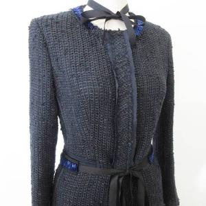 PRADA スーツ セットアップ 上下セット リネン ニット ジャケット シングル スカート ひざ丈 ツイード カットオフ 38 紺 ネイビー