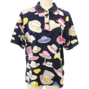 LEONARD SPORT ポロシャツ ゴルフウェア 半袖 ハット柄 総柄 コットン L 紺 ネイビー IBO27 A1006