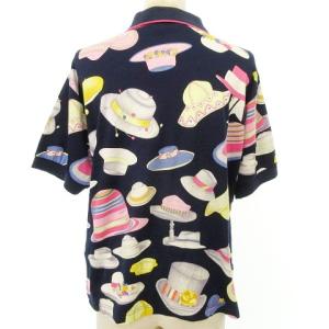 LEONARD SPORT ポロシャツ ゴルフウェア 半袖 ハット柄 総柄 コットン L 紺 ネイビー IBO27 A1006