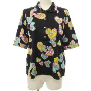 LEONARD SPORT 美品 ポロシャツ 半袖 ハート柄 花柄 カットソー 42 黒 ブラック IBO27