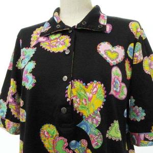 LEONARD SPORT 美品 ポロシャツ 半袖 ハート柄 花柄 カットソー 42 黒 ブラック IBO27