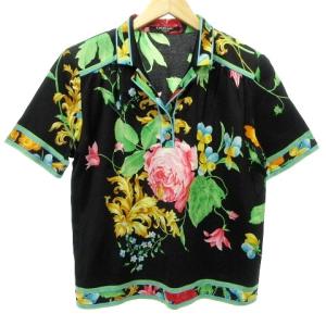 Fashion ポロシャツ 半袖 花柄 大判 総柄 コットン L 黒 ブラック IBO27 A1007