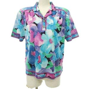 Fashion ポロシャツ 花柄 半袖 金ボタン カットソー トップス L ブラック ブルー IBO27