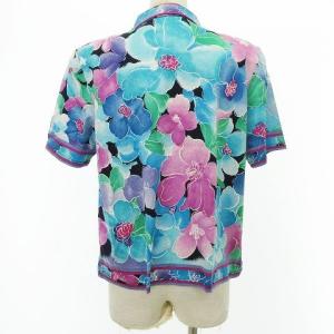 LEONARD Fashion ポロシャツ 花柄 半袖 金ボタン カットソー トップス L ブラック ブルー IBO27