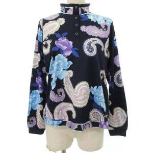 ハイネック シャツ 長袖 ペイズリー 花柄 カットソー 42 ネイビー