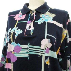 LEONARD SPORT ポロシャツ フルーツ 花柄 長袖 カットソー トップス L 紺 ネイビー IBO27