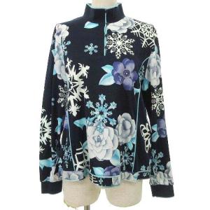 ハイネック シャツ 長袖 ハーフボタン 花柄 スノーフレーク柄 カットソー 44 ネイビー