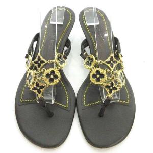 LOUIS VUITTON モノグラムフラワー ミュール レザー トング サンダル 37 茶