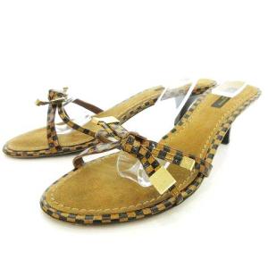 ダミエ リボン ミュール LV金具 パテント サンダル イタリア製 38 24.5cm ブラウン IBO27