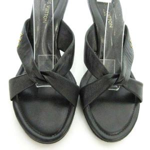 LOUIS VUITTON レザー クロス ストラップ ミュール フラワー金具 サンダル イタリア製 36.5 23.5cm 黒 ブラック IBO27