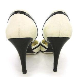 CHANEL トリム パンプス バイカラー ライン ストラップ レザー ココマーク ハイヒール 37C アイボリー