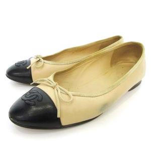 フラットシューズ ココマーク リボン バイカラー レザー 36.5C ベージュ ブラック