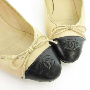 CHANEL フラットシューズ ココマーク リボン バイカラー レザー 36.5C ベージュ ブラック