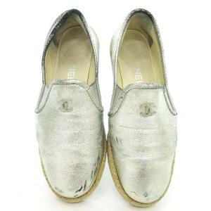 CHANEL スリッポン ココマーク メタリック レザー エスパドリーユ シューズ 35.5 C 22.5cm シルバー IBO27